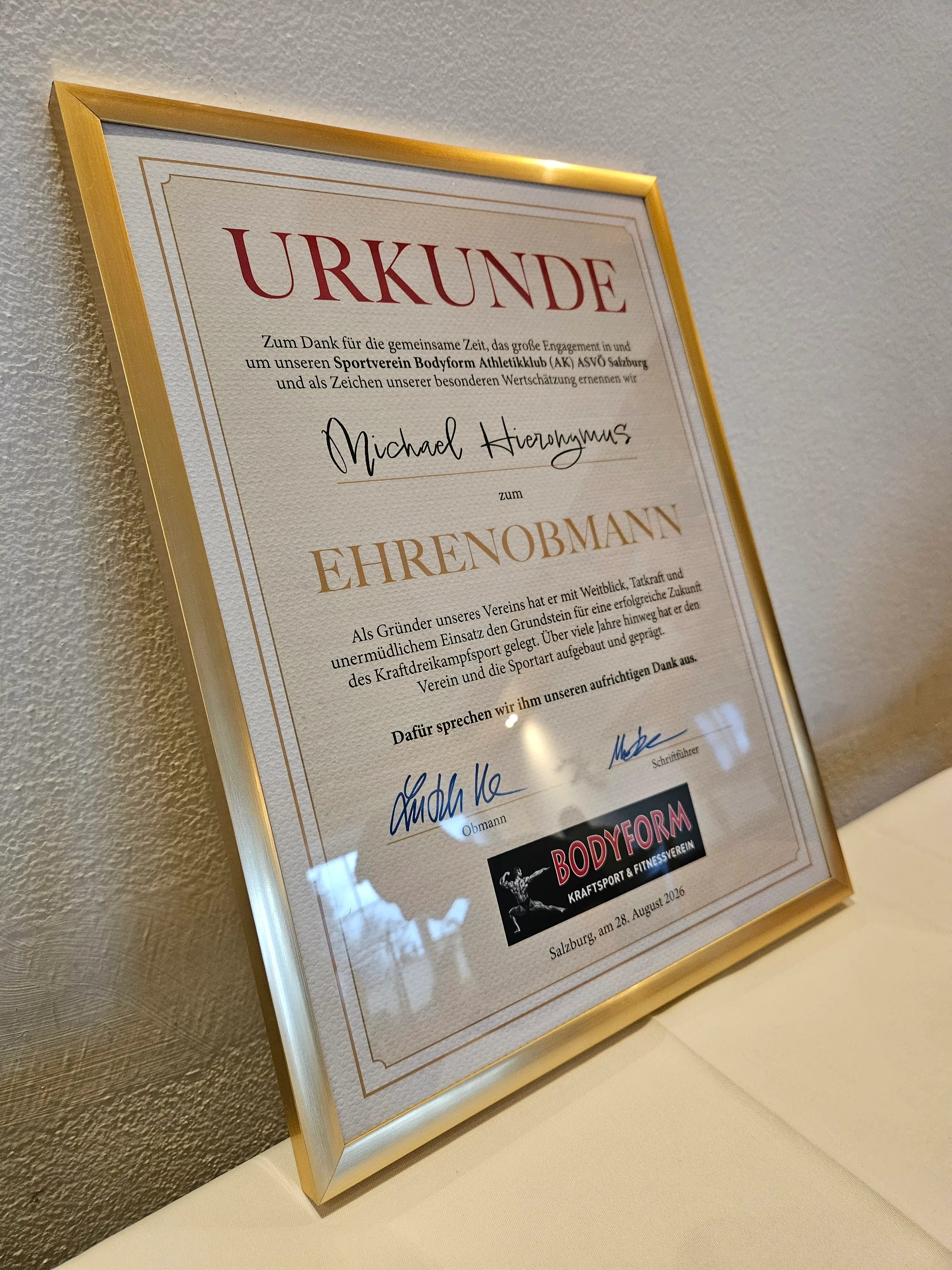 Ehrenurkunde für Michael Hieronymus im Detail
